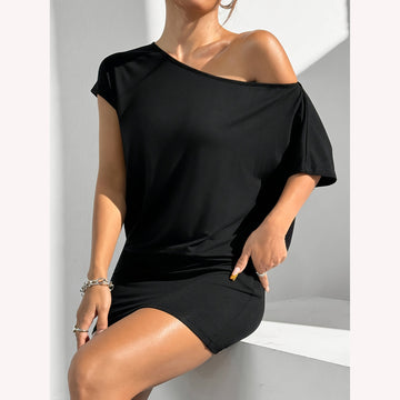 Asymmetric Collar Short-sleeved Casual T-shirt Dress